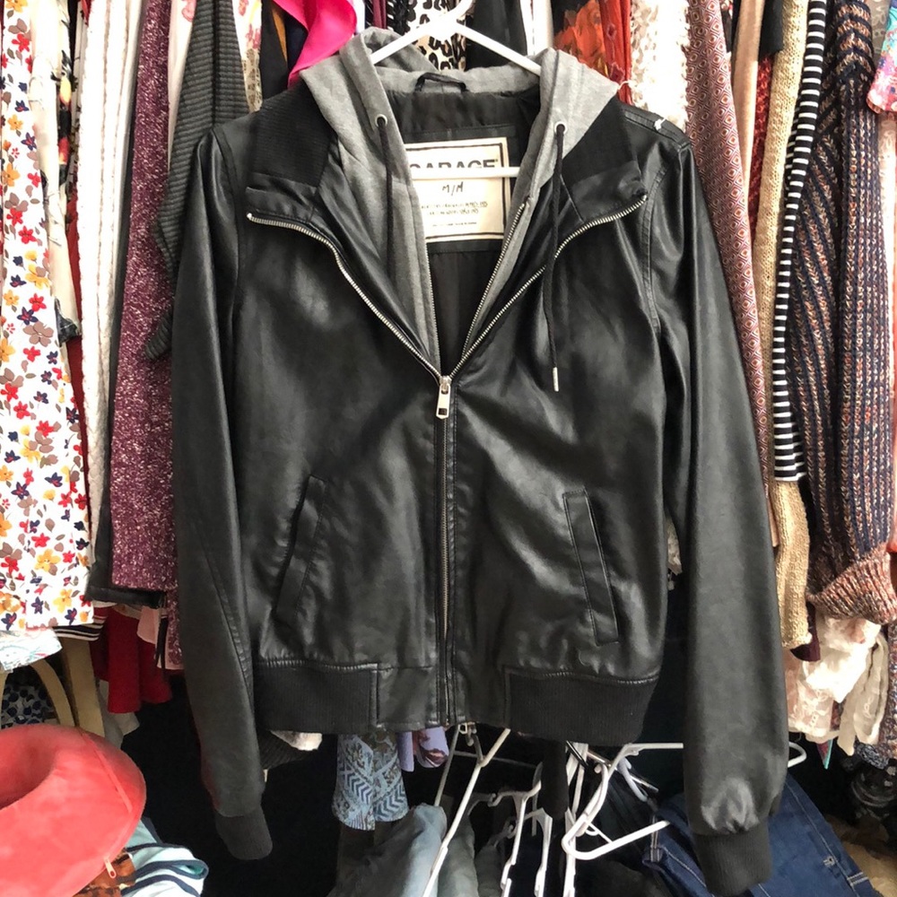 Faux Leather bomber jacket w/built in sweatshirt.